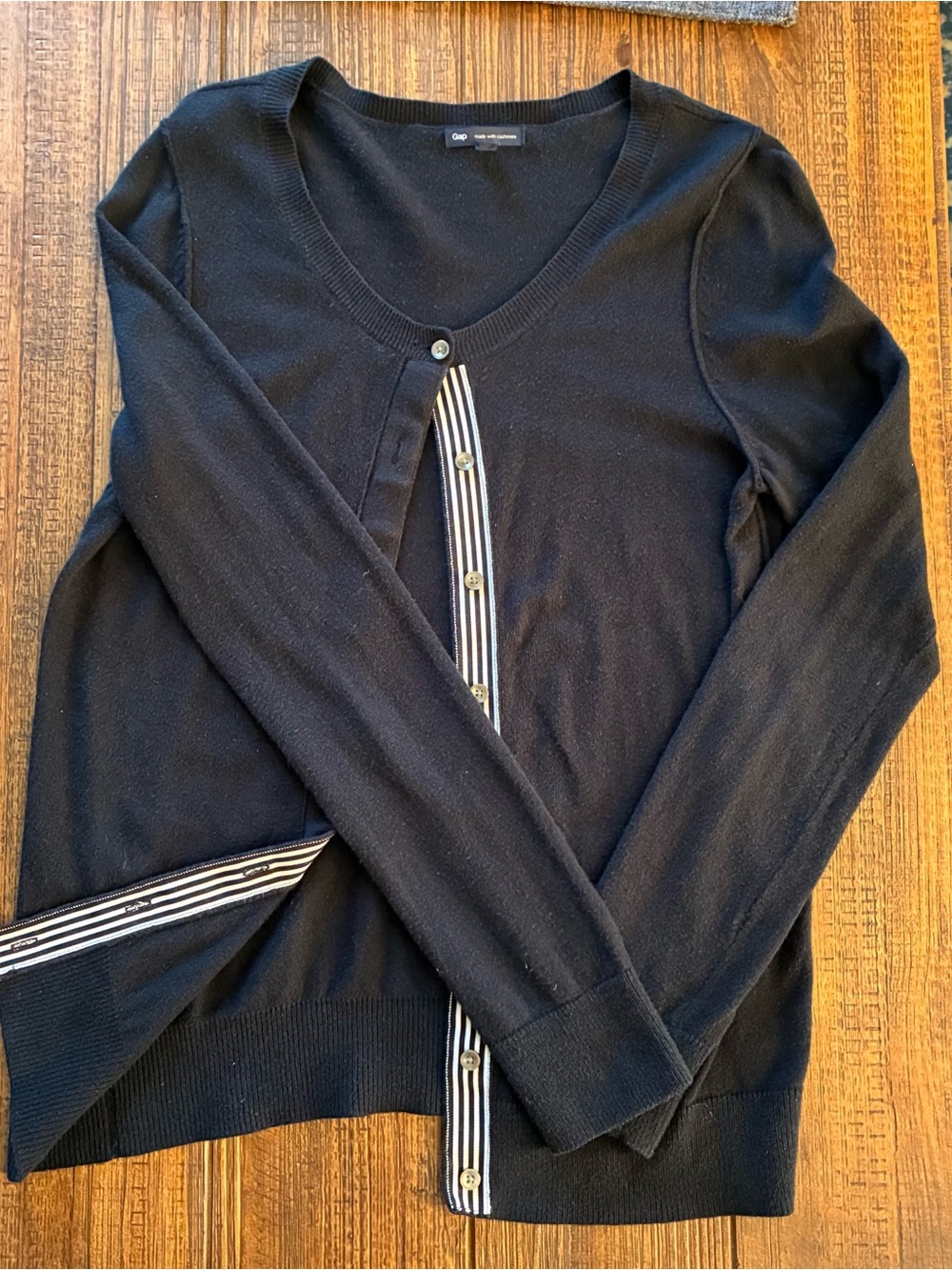 Gap Navy Blue Cotton and Cashmere Cardigan Sweater with white striped trim -Sz M
